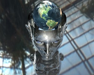 3D earth in 3D cyborg girl head